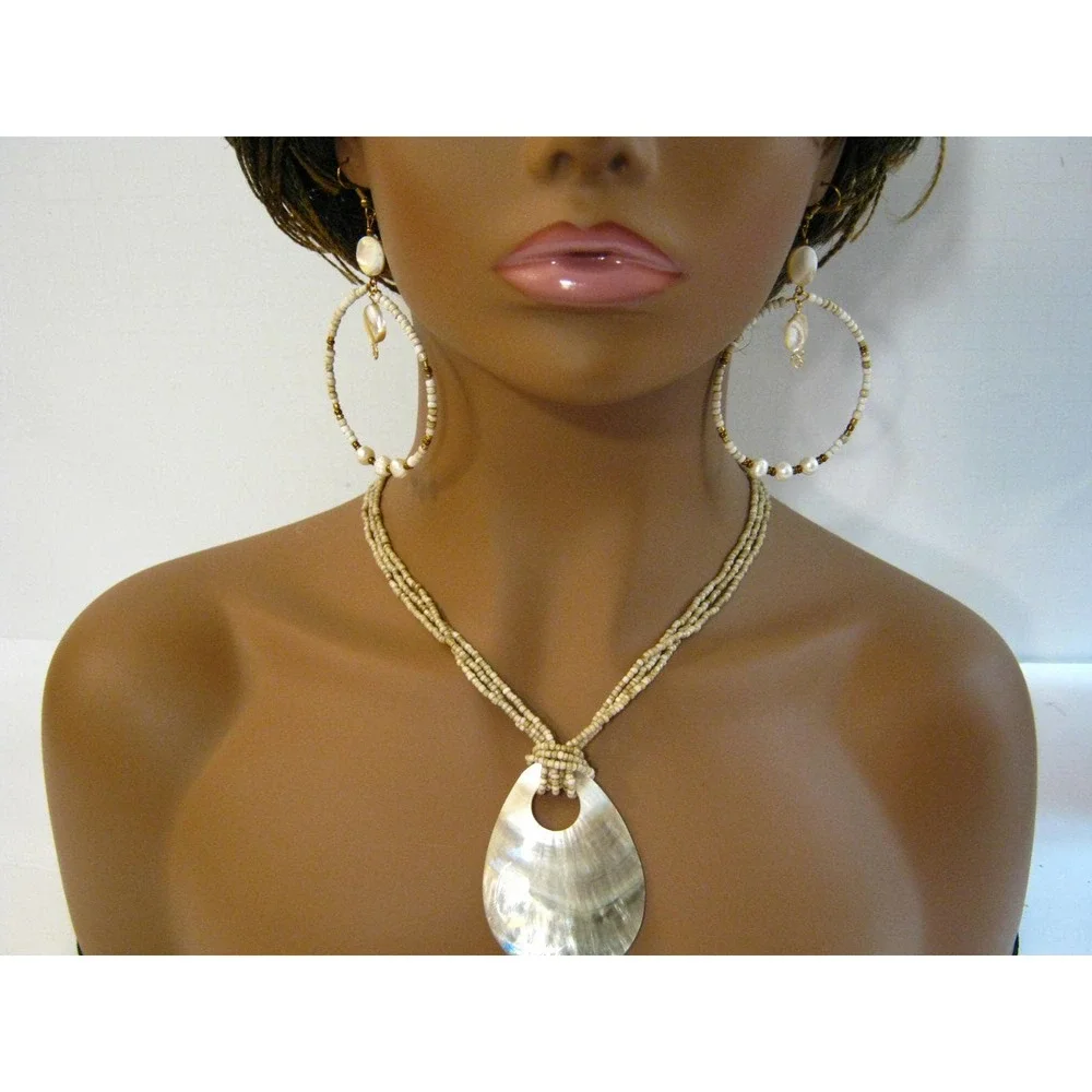 Genuine MOP Shell Beaded large Hoop Earrings and Pendant Necklace Jewelry Set